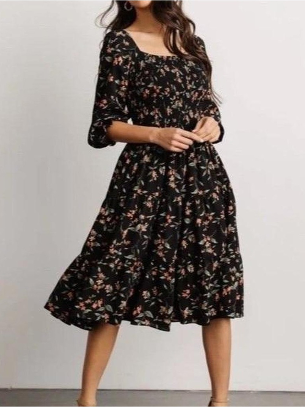 Baltic Born black pink floral smocked Marta midi dress Women’s size XL